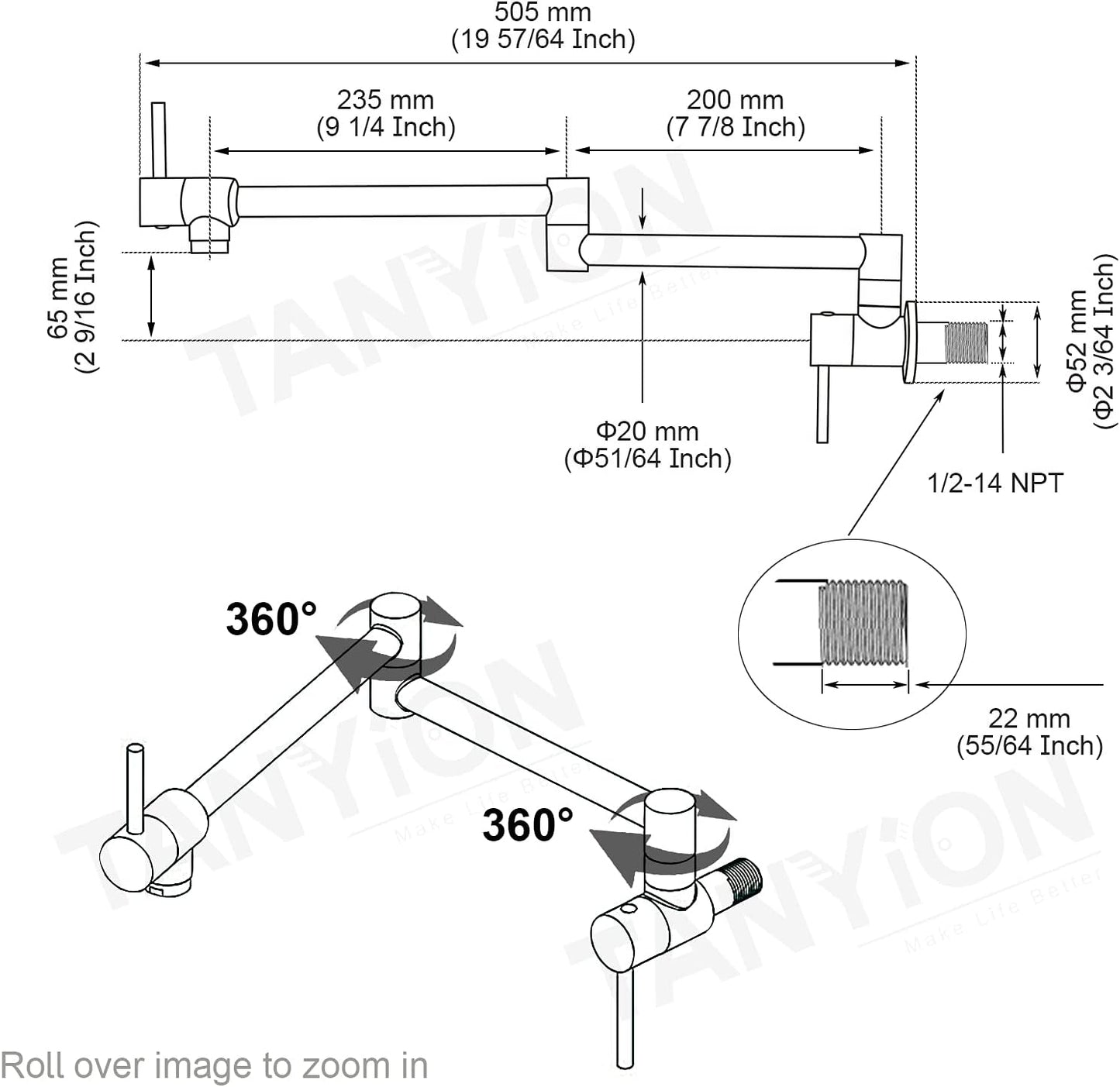Pot Filler Faucet, Lead-Free Brass Wall Mount Kitchen Sink Faucet Two Handle with Single Hole Folding Tap, Polished Chrome
