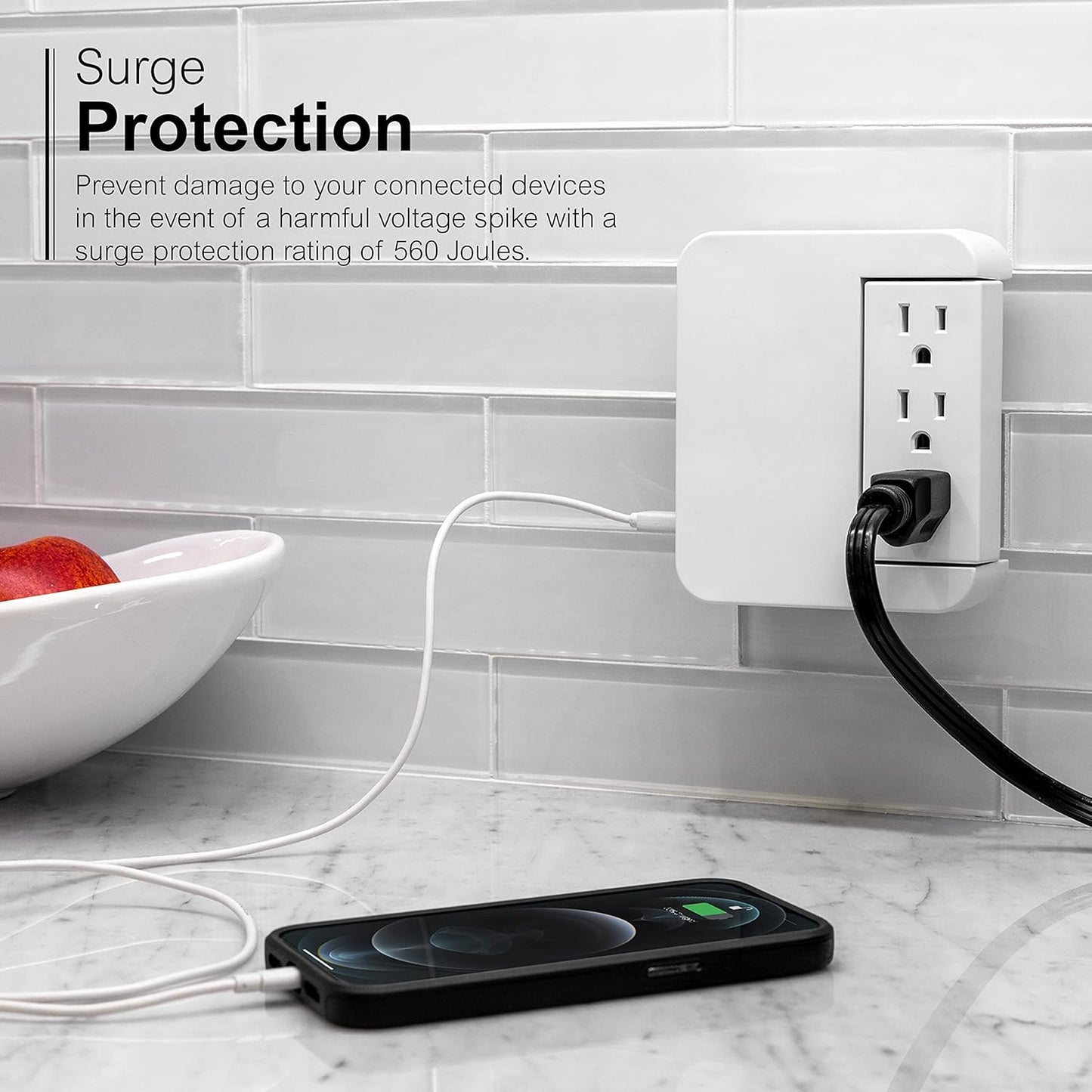 Pro Side-Access Swivel Sur Protector, 5-Outlet Extender with 2 USB Ports, Wall Tap Adapter, Charging Station, 3-Prong, 560 Joules, 2.4 AMP/12 Watt, UL Listed, White, 39429