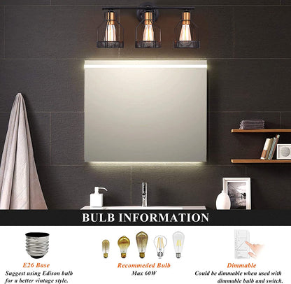 Industrial Bathroom Vanity Light 3 Light Farmhouse Metal Cage Bathroom Wall Light Fixture Black Wall Sconce Lighting Edison Vintage Wall Light Fixture for Bathroom Vanity Mirror Cabinet