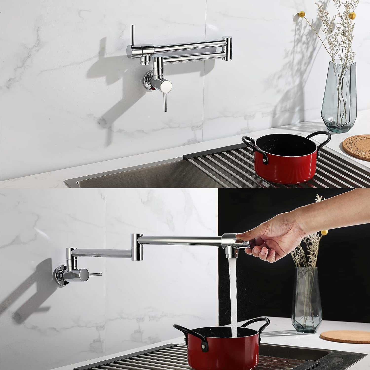 Pot Filler Faucet, Lead-Free Brass Wall Mount Kitchen Sink Faucet Two Handle with Single Hole Folding Tap, Polished Chrome