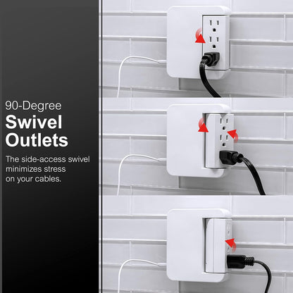 Pro Side-Access Swivel Sur Protector, 5-Outlet Extender with 2 USB Ports, Wall Tap Adapter, Charging Station, 3-Prong, 560 Joules, 2.4 AMP/12 Watt, UL Listed, White, 39429