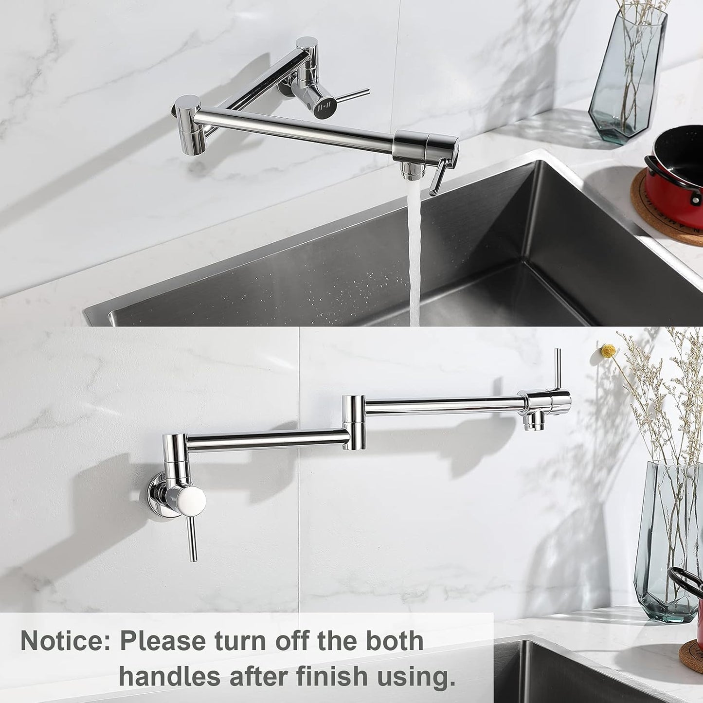 Pot Filler Faucet, Lead-Free Brass Wall Mount Kitchen Sink Faucet Two Handle with Single Hole Folding Tap, Polished Chrome