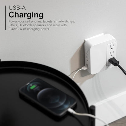 Pro Side-Access Swivel Sur Protector, 5-Outlet Extender with 2 USB Ports, Wall Tap Adapter, Charging Station, 3-Prong, 560 Joules, 2.4 AMP/12 Watt, UL Listed, White, 39429