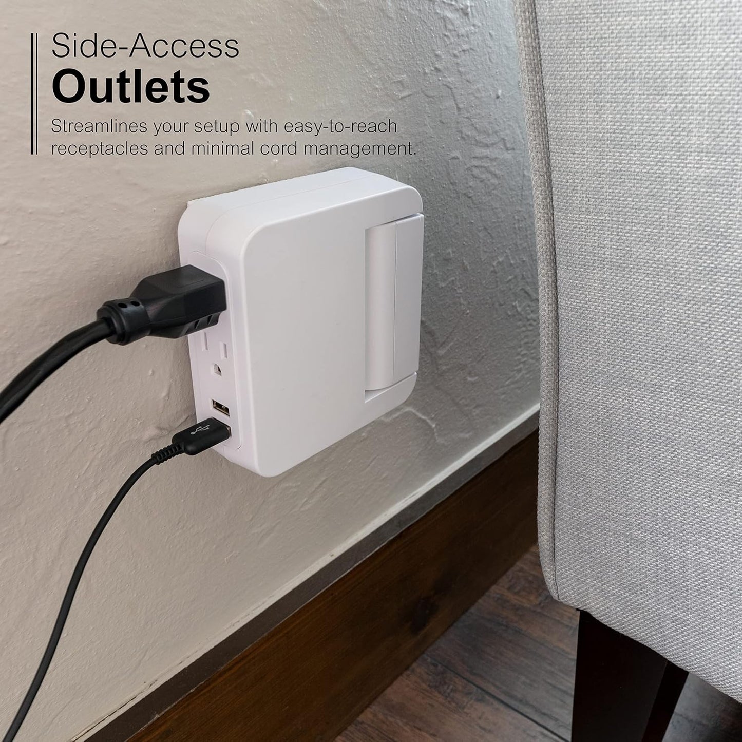 Pro Side-Access Swivel Sur Protector, 5-Outlet Extender with 2 USB Ports, Wall Tap Adapter, Charging Station, 3-Prong, 560 Joules, 2.4 AMP/12 Watt, UL Listed, White, 39429