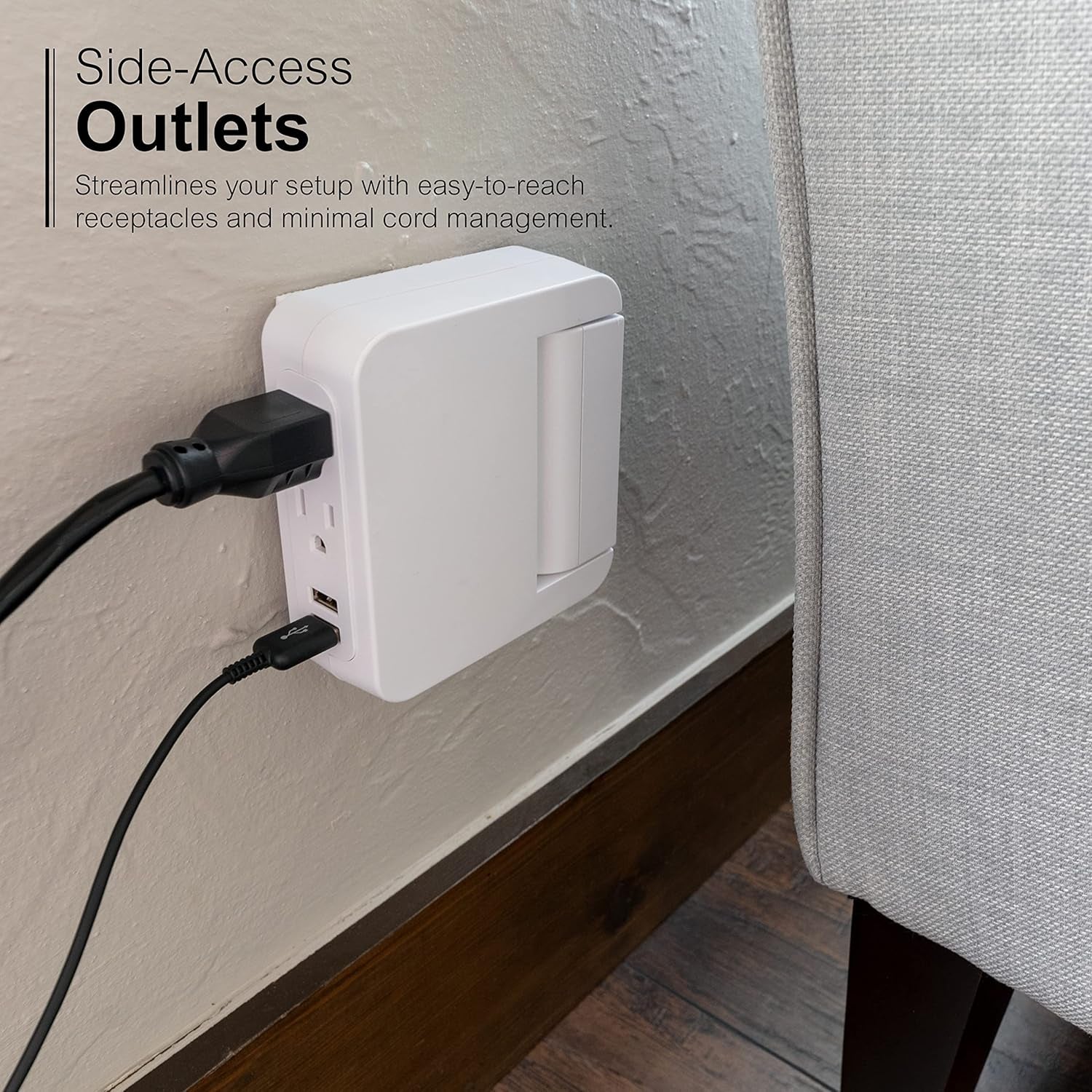 Pro Side-Access Swivel Sur Protector, 5-Outlet Extender with 2 USB Ports, Wall Tap Adapter, Charging Station, 3-Prong, 560 Joules, 2.4 AMP/12 Watt, UL Listed, White, 39429