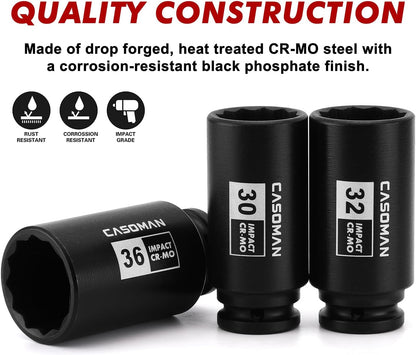 1/2-Inch Drive Deep Spindle Axle Nut Impact Socket Set,12 Point Metric, CR-MO, 30,32,34,36Mm, 4-Piece 1/2" Heavy Duty Impact Socket Set
