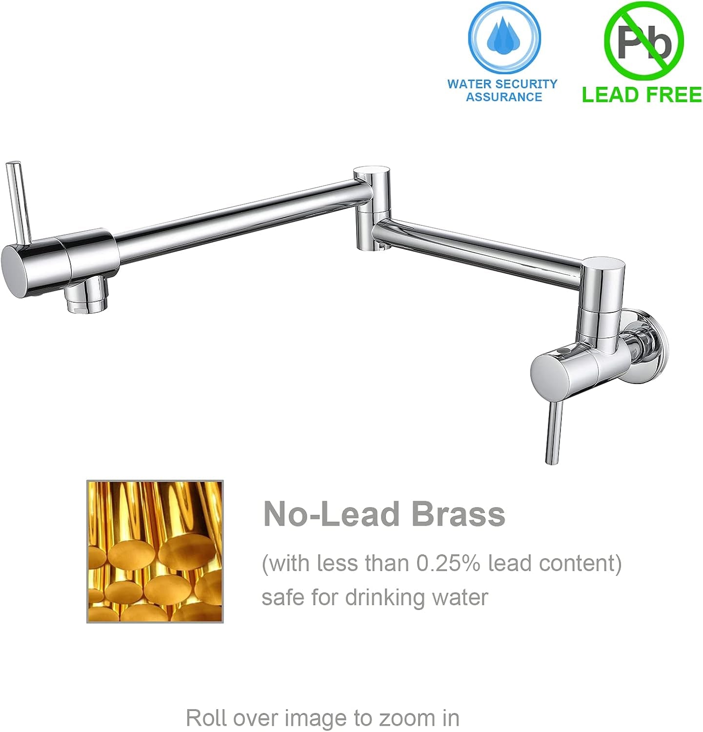 Pot Filler Faucet, Lead-Free Brass Wall Mount Kitchen Sink Faucet Two Handle with Single Hole Folding Tap, Polished Chrome