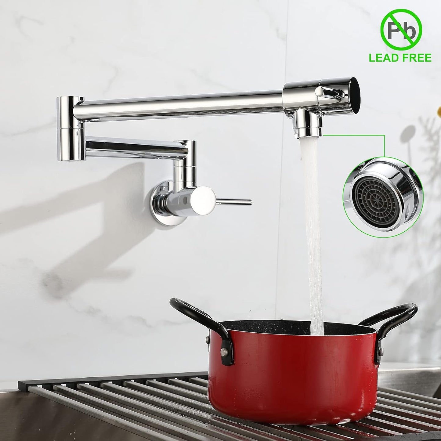 Pot Filler Faucet, Lead-Free Brass Wall Mount Kitchen Sink Faucet Two Handle with Single Hole Folding Tap, Polished Chrome