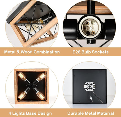 Wood Flush Mount Ceiling Light, 4 Lights Farmhouse Ceiling Light, Rustic Ceiling Light Fixture with E26 Socket, Industrial Close to Ceiling Llights for Kitchen Hallway Entryway Living Room