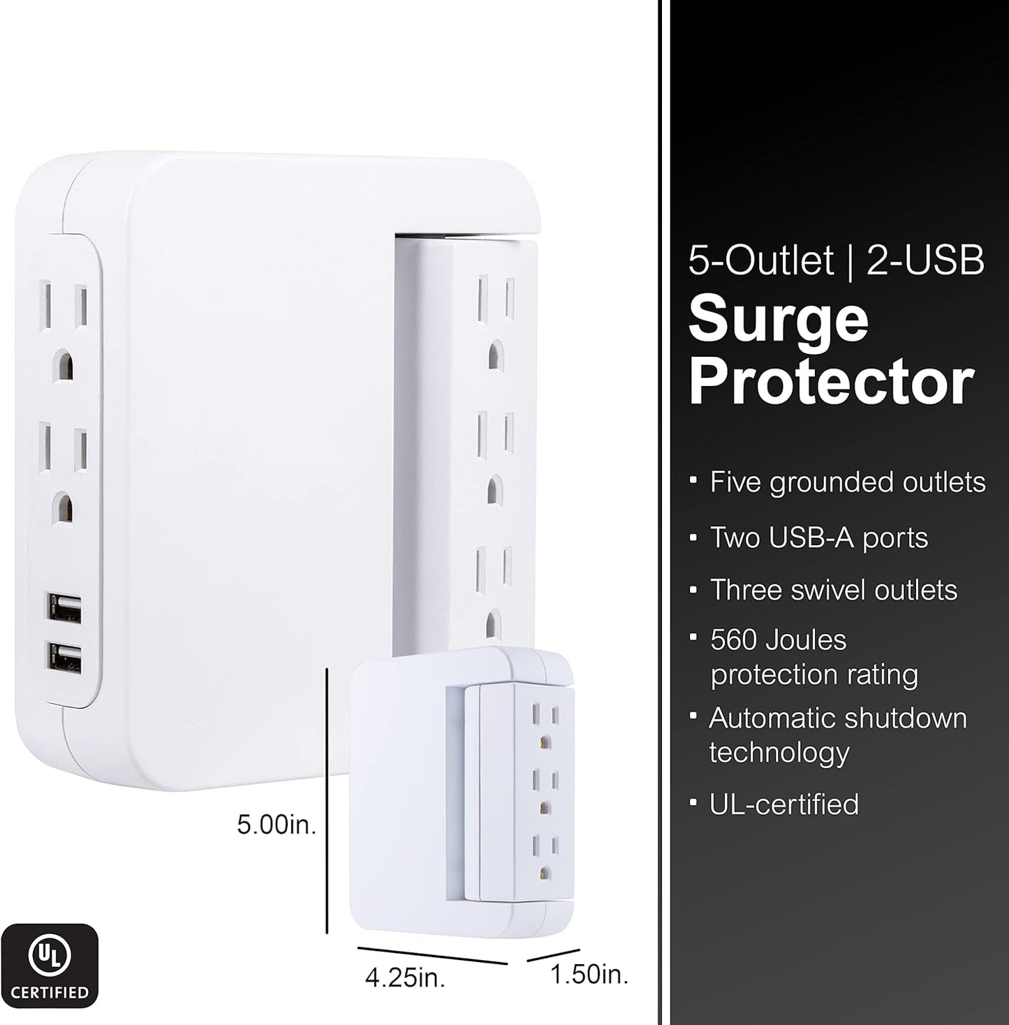 Pro Side-Access Swivel Sur Protector, 5-Outlet Extender with 2 USB Ports, Wall Tap Adapter, Charging Station, 3-Prong, 560 Joules, 2.4 AMP/12 Watt, UL Listed, White, 39429