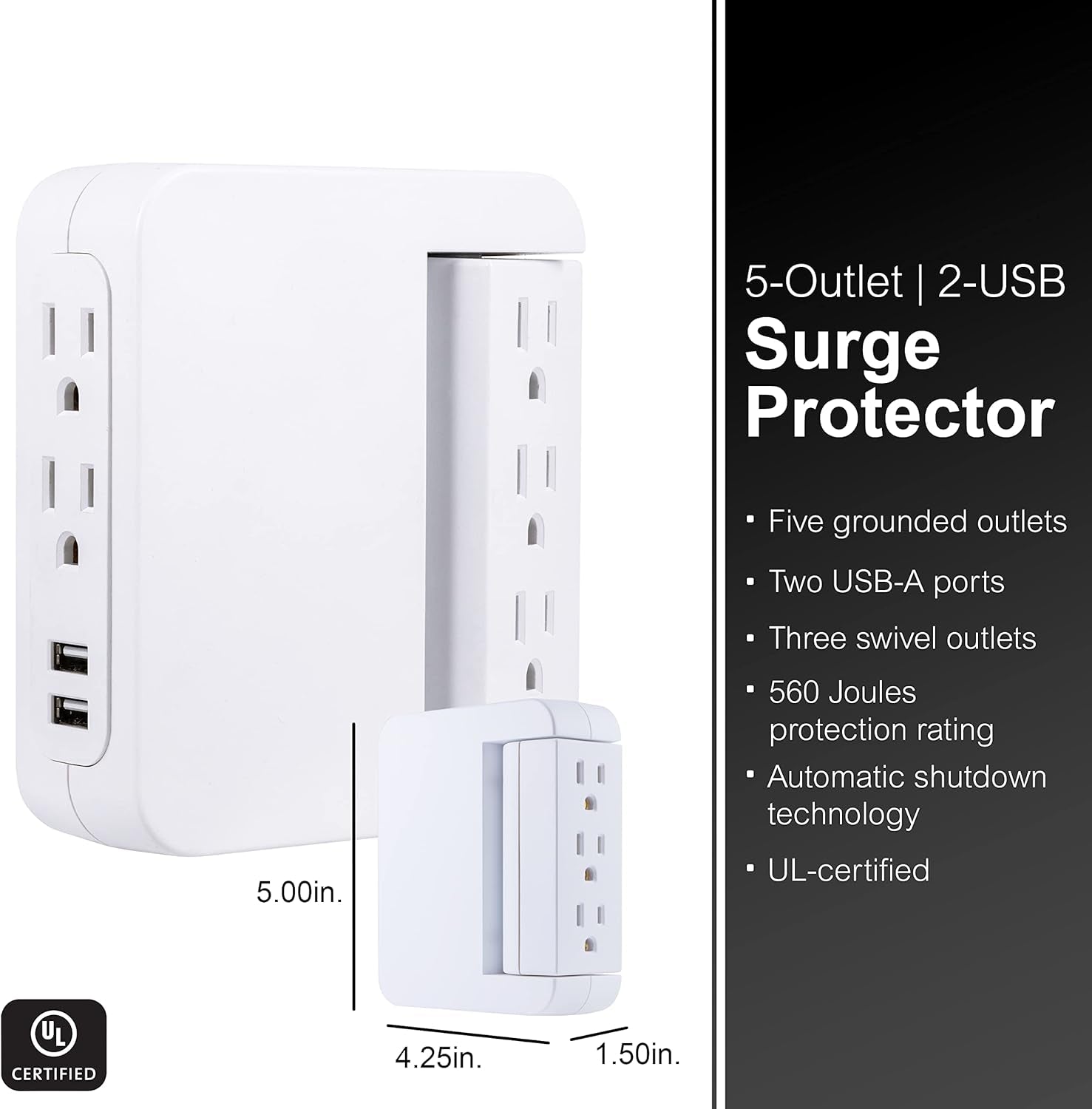 Pro Side-Access Swivel Sur Protector, 5-Outlet Extender with 2 USB Ports, Wall Tap Adapter, Charging Station, 3-Prong, 560 Joules, 2.4 AMP/12 Watt, UL Listed, White, 39429