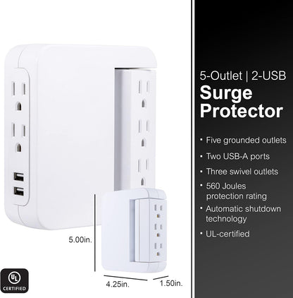 Pro Side-Access Swivel Sur Protector, 5-Outlet Extender with 2 USB Ports, Wall Tap Adapter, Charging Station, 3-Prong, 560 Joules, 2.4 AMP/12 Watt, UL Listed, White, 39429